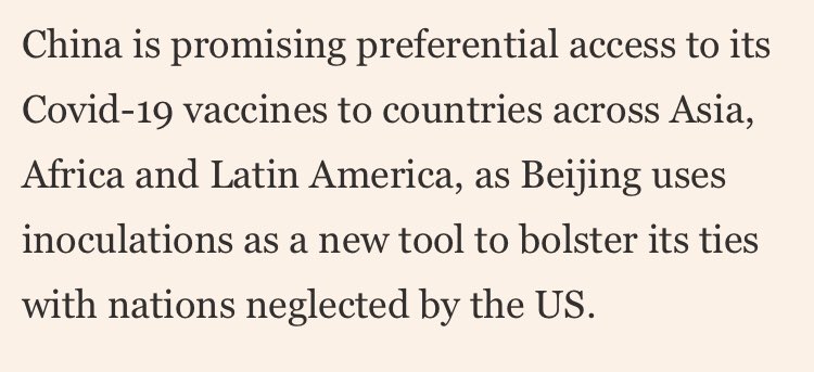 Ben_OLoughlin's tweet photo. Vaccine diplomacy is part of great power politics. Interesting that care and neglect are important for characterising what a responsible great power does. 
China’s Covid-19 vaccine diplomacy steals a march on US https://t.co/PCaNcW6zh1 https://t.co/qtWp9F8BBd