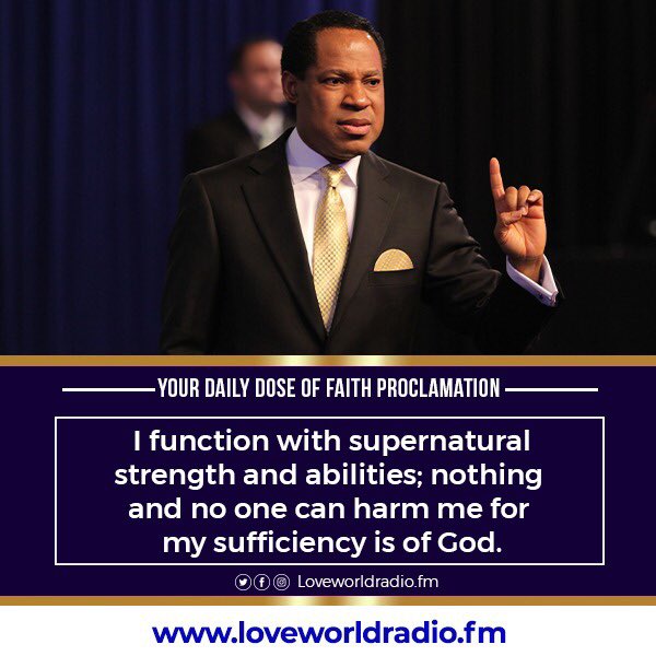 LoveworldRadio's tweet photo. I function with supernatural strength & abilities. Nothing and no one can harm me for my sufficiency is of God.
Listen to Pastor Chris teaching everyday on LoveWorld Radio
ππ»
https://t.co/vLdsJ5vh7o
Or download our app ππ»
https://t.co/Z5XClS7gRl
#pastorchris #divinerealities https://t.co/LM3oHjaUy5