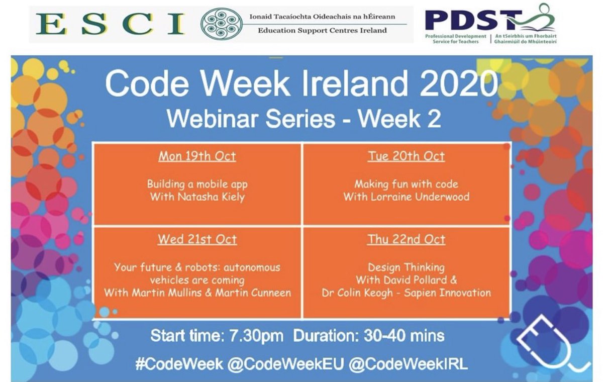 ⭐️Your Future and Robots⭐️
Join Martin Mullins @mjamullins and Martin Cunneen @EmergTechEthics of @LeroNews tonight at 7.30pm for another in our @CodeWeekEU @ESCItweets @CodeWeekIRL @PDST_TechinEd series of webinars #CodeWeek2020