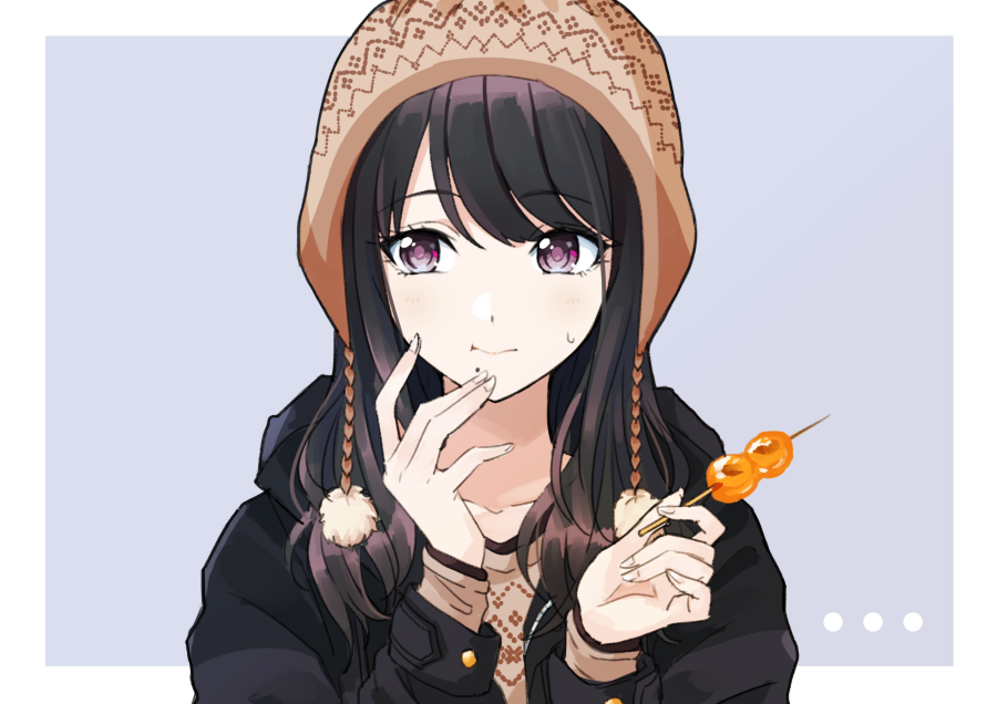 1girl solo food black hair hat wagashi jacket  illustration images