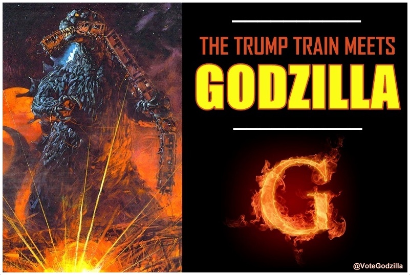 VoteGodzilla's tweet photo. I'm proud that my campaign is responsible for derailing the Trump Crazy Train.
#Godzilla2020
Cool artwork by Noriyoshi Ohrai! https://t.co/NshAzf9fwf