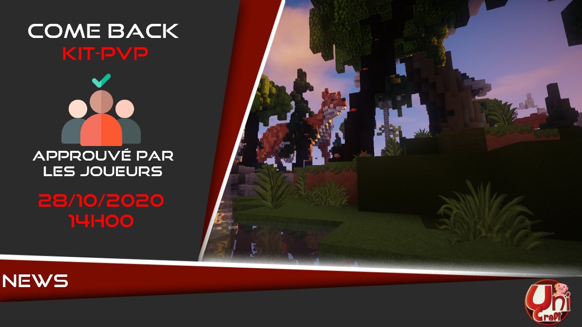 🎙L’actualité de l'après-midi 📡

Vous avez été beaucoup à deviner, ou tricher via le discord ! 
C'est en effet le Kit-Pvp qui fait son retour le 28-10-20 à 14h00 ! 

Plus d'informations: discord.gg/Js7TQky

Rendez-vous sur
play.uni-craft.eu