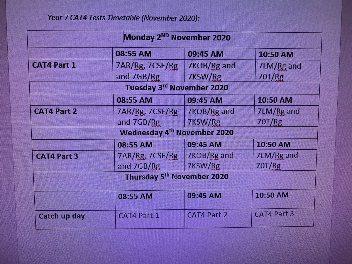 Timetable for Year 7 Cognitive Ability Tests after half term. A letter about these was sent out earlier in the term. <a href="/RegentsParkCC/">Regents Park Community College</a>