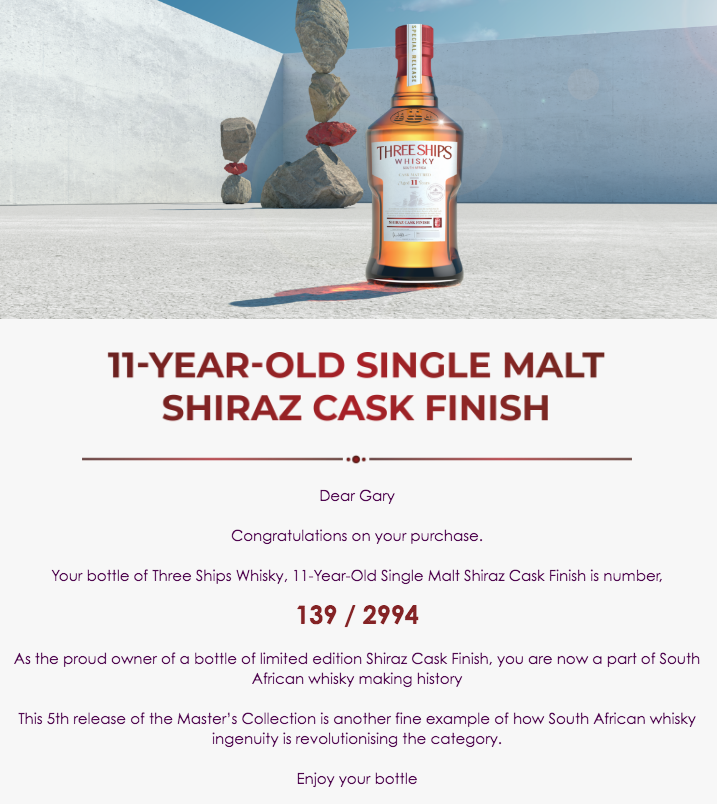 callmegazza's tweet photo. Confirmation – bottles purchased, eagerly awaiting shipment!! My palate and whisky cabinet are ready!! #ShirazCaskFinish @ThreeShipsSA #threeshipswhisky #themasterscollection #MadeExceptionalMadeHere https://t.co/10EQuc0e3i