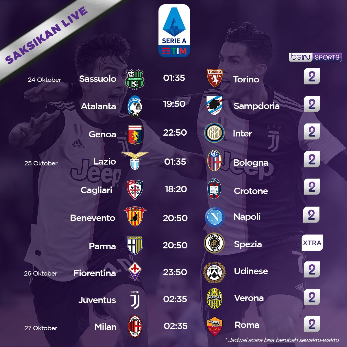 Jadwal Siaran Live #SerieA Lega Serie A Pekan Ini di beIN SPORTS #SerieATIM - Prediksi: 👉 https://t.co/i6O694fUJf
https://t.co/7yOnpJw9tO via @beINSPORTSid