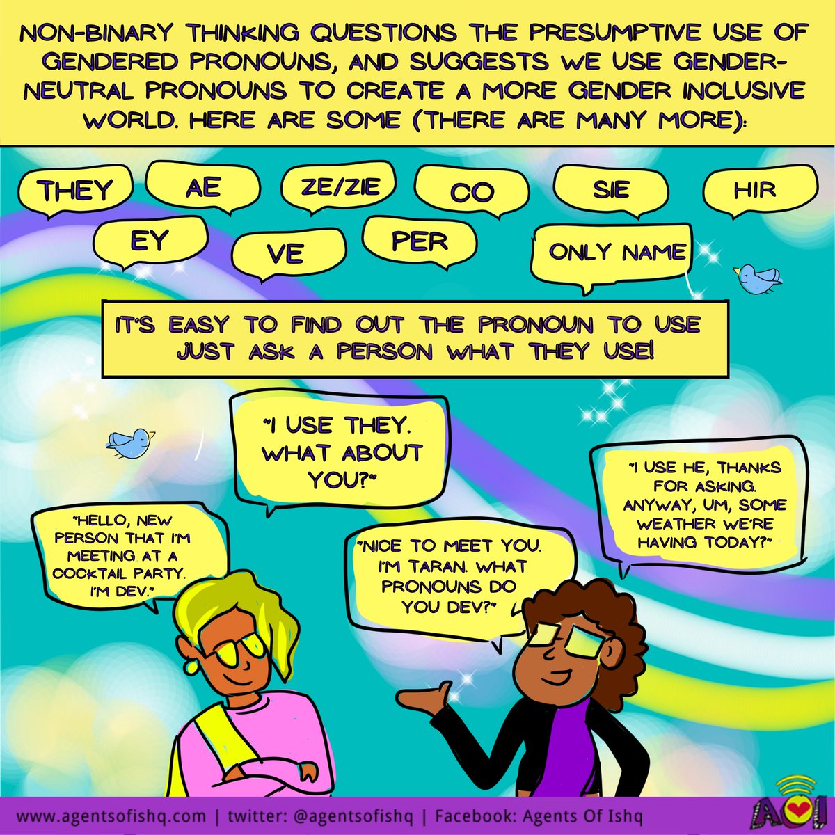 AgentsofIshq's tweet image. Our duniya might enforce the #genderbinary everywhere, but why must pronouns be that way? The world of pronouns is on a spectrum too, just like gender! Ask people their pronouns, don’t assume &amp;amp; check out the many gender-neutral pronouns that exist this #InternationalPronounDay!