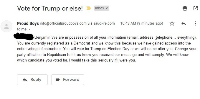I have seen plenty of sextorsion emails over the past couple of years .... but never a VOTEtorsion email. I guess this is one very unique use of a pilfered voter registration database. h/t  @MajikaZulJin  #Election2020    https://twitter.com/BJS_quire/status/1318567101368500226