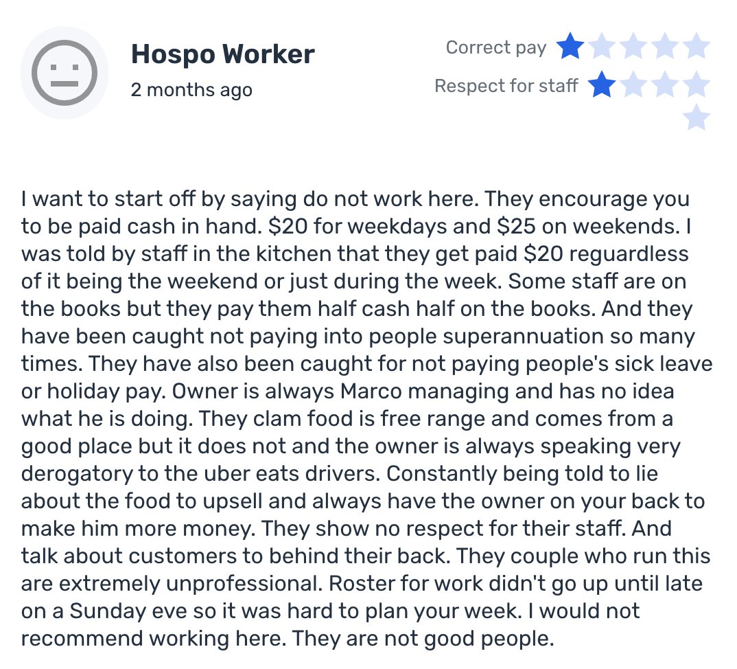 "...the money will be shared among staff if people actually pay it."Here's a little feedback from Fair Plate on staff payment at the establishment in question.  https://fairplate.org.au/venue/arcobar-a5eqBQzgt