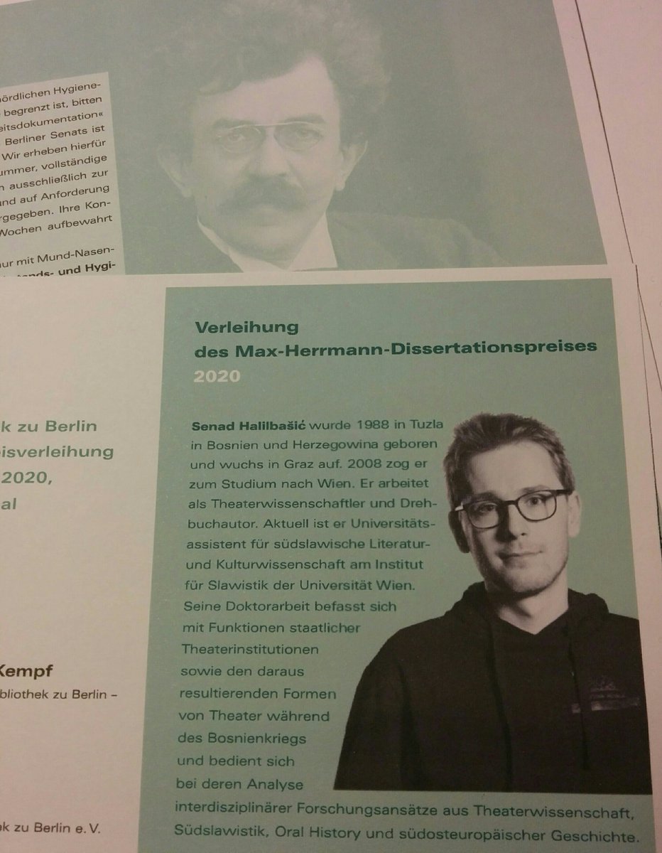 marzib27's tweet photo. Als Jury-Mitglied wäre ich gerne dabei, wenn die Gesellschaft für Theatergeschichte den 1. Max-Herrmann-Dissertationspreis verleiht. Pandemiebedingt gratuliere ich Senad Halilbašić aus der Ferne zur Auszeichnung seiner Arbeit zum Theater in Bosnien und
Herzegowina (1992-1995). https://t.co/IEbAdIUr4s