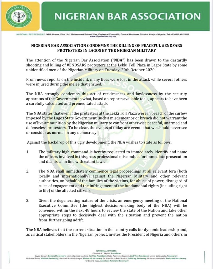 NigBarAssoc's tweet photo. NBA CONDEMNS THE KILLING OF PEACEFUL #ENDSARS PROTESTERS IN LAGOS BY THE NIGERIAN MILITARY*
 
The leadership of the Nigerian Bar Association,  has this evening condemned the dastardly shooting and killing of #ENDSARS protesters at the Lekki Toll Plaza in Lagos State by some https://t.co/szwnKR7bml