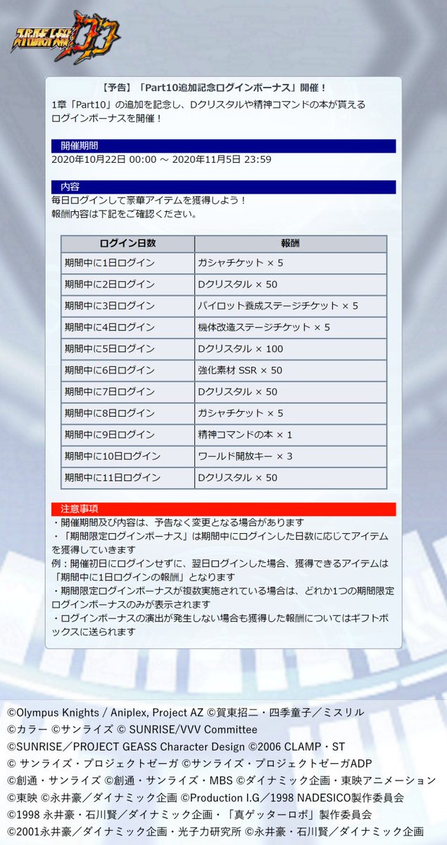 スーパーロボット大戦dd公式 予告 Part10追加記念ログインボーナス 開催 1章 Part10 の追加を記念し Dクリスタルや精神コマンドの本がもらえるログインボーナスを開催します 開催予定 年10月22日 00 00 年11月5日 23 59
