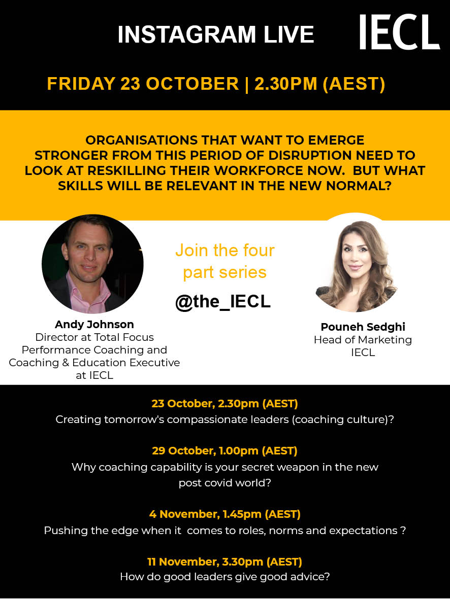 Join the #live #Instagram conversation series with Andy Johnson and <a href="/SedghiPouneh/">pouneh sedghi</a> as they discuss how #coaching is the must have skill for the new normal and how coaching culture can enable #leaders and #organisations to overcome the complicated experiences of 2020.