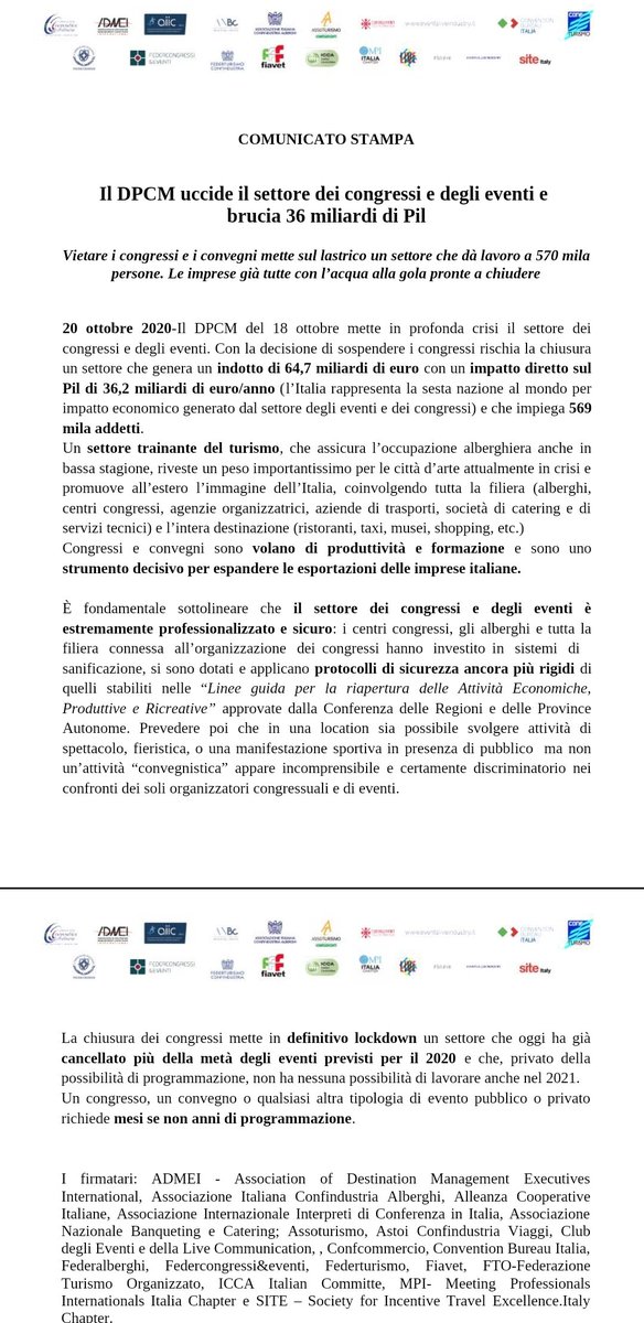 #Dpcm uccide settore #eventi #congressi.Brucia 36mldi di PIL.Chiediamo a <a href="/GiuseppeConteIT/">Giuseppe Conte</a> di ripensarci
<a href="/Federcongressi/">Federcongressi&eventi</a> <a href="/ANBCitalia/">ANBC Associazione Nazionale banqueting e catering</a> <a href="/CooperativeITA/">AlleanzaCooperativeItaliane</a> <a href="/AssoturismoNaz/">AssoturismoNazionale</a>
<a href="/events_industry/">Events & Live Industry</a> <a href="/Confcommercio/">Confcommercio</a> <a href="/CBitalia_/">Convention Bureau Italia</a> <a href="/federalberghi/">federalberghi 🇮🇹 🇪🇺</a> <a href="/federturismo/">Federturismo</a> <a href="/ClubDegliEventi/">Club Degli Eventi</a>  <a href="/MPI_Italia/">MPI Italia Chapter</a> <a href="/siteitaly/">Site Italy</a>