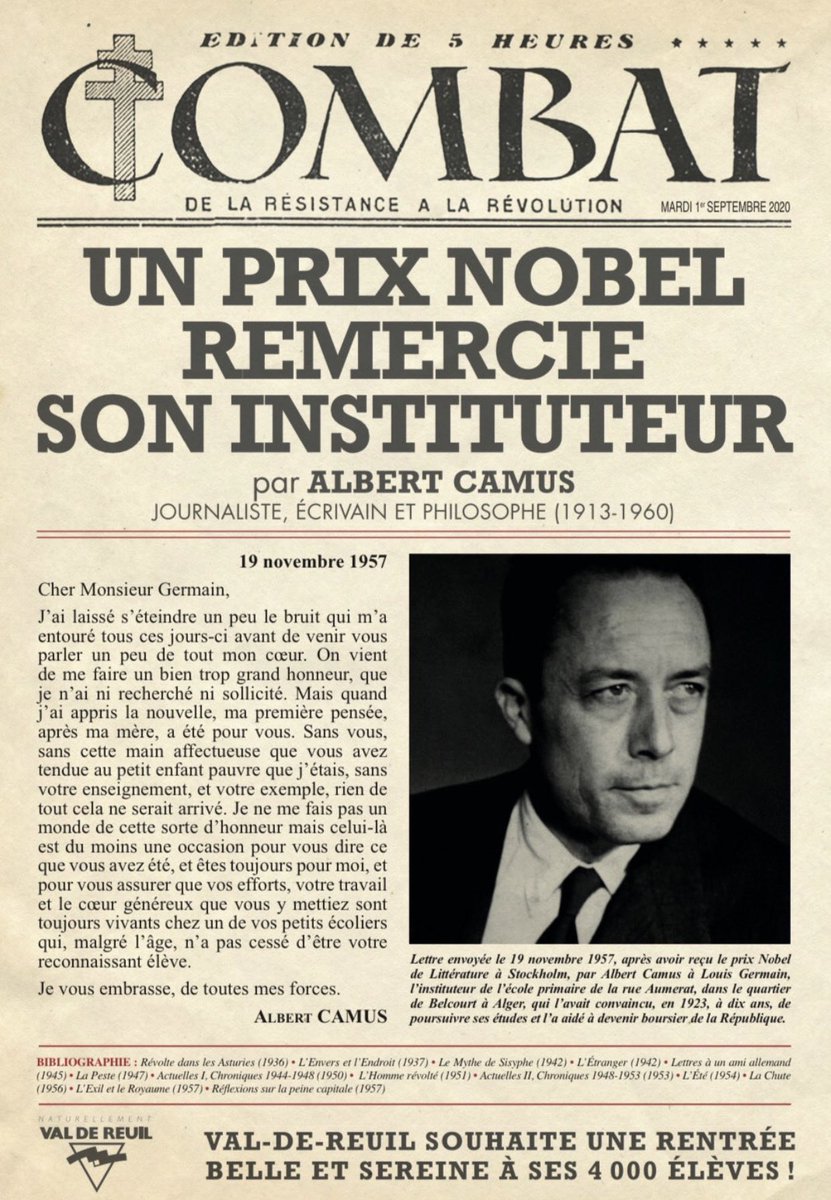 Amélie Millet on Twitter: "📚🇫🇷Novembre 1957, Albert Camus, prix Nobel, remercie son instituteur Louis Germain dans une lettre. Hommage à l'#ecole républicaine et à la #Libertedexpression… https://t.co/i4tzc5vvZd"