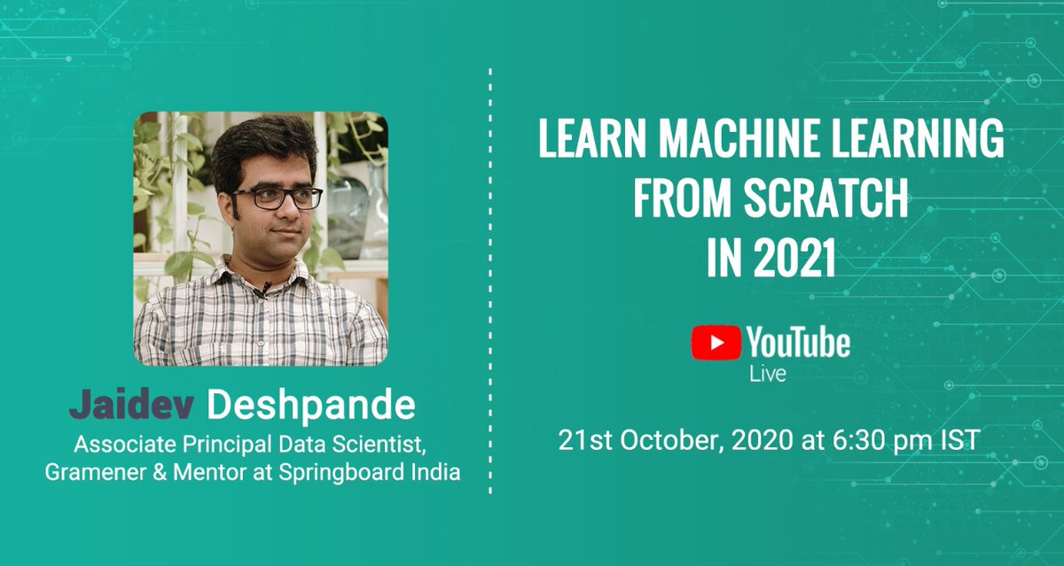 springboard_ind's tweet image. Tune in to this informative session about learning #MachineLearning from scratch. With interesting insights on relevant topics, we assure you that you will learn a lot. 
Hear Jaidev Deshpande, Data Scientist at Gramener only on our YouTube channel: hubs.li/H0ygZk80