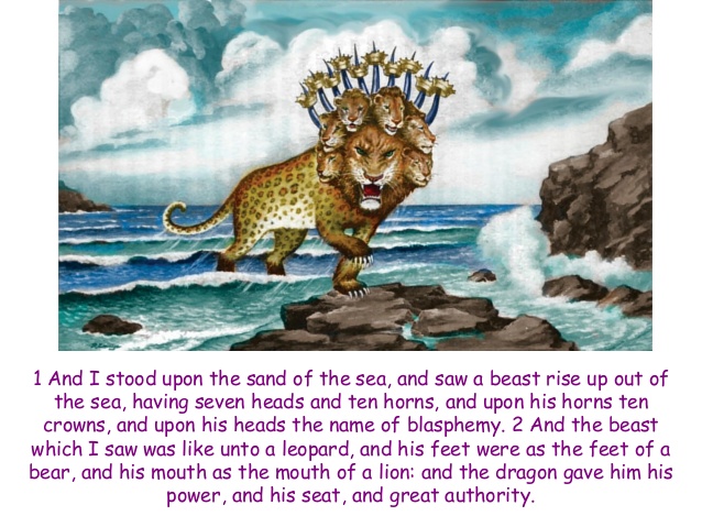 4.3 REVELATION 13"And I stood upon the sand of the sea, and saw a Beast rise up...' https://www.kingjamesbibleonline.org/Revelation-Chapter-13/There is only one BEAST I can think of who looks like unto a LEOPARD and has the feet of a BEAR and the mouth of a LION...