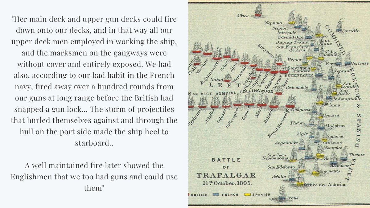 At around 1200, not long after Nelson's famous signal of "England expects that every man will do his duty" had been flown, the first shots were fired, by the French ship Fougeux, engaging HMS Royal Sovereign. The French Master at Arms said of the engagement...