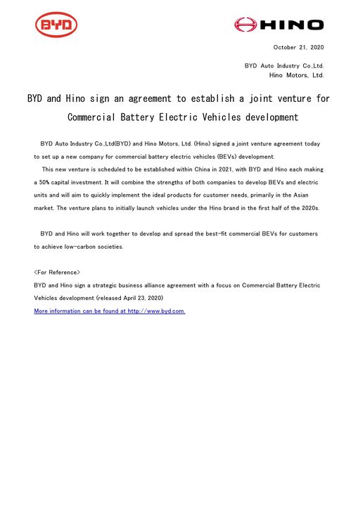 BREAKING NEWS: BYD and Hino sign an agreement to establish a joint venture for Commercial Battery Electric Vehicles development

Find out more at: bydeurope.com/article/339