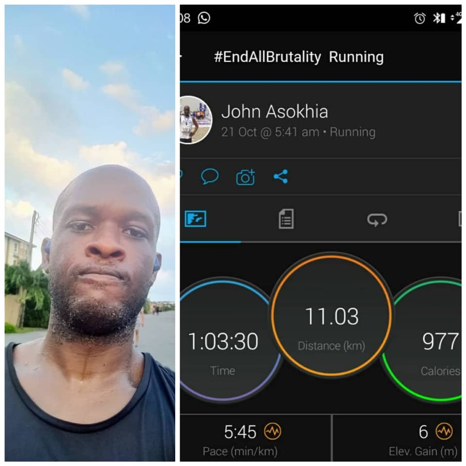 Johnasokhia's tweet photo. 11km run in honour of all peaceful protesters who were killed last night around #Lekkitollgate for only asking for #EndPoliceBrutality. How do these our so called leaders and murderers sleep? May the blood of the fallen ones count!
#EndSARS #EndAllFormsOfBrutality https://t.co/yJLP41AyrA