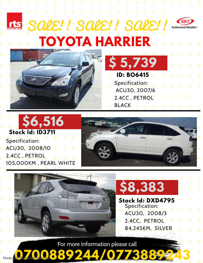 RtsUganda's tweet photo. Here is what we know about TOYOTA HARRIER.
It is a very competent car - powerful, spacious, easy to handle and with a decently premium feel to it.
Below are some of the available stocks for our customers 

For more inquiries please contact us on: +256 700889244 / 773889243 https://t.co/rfEuGcsbnt