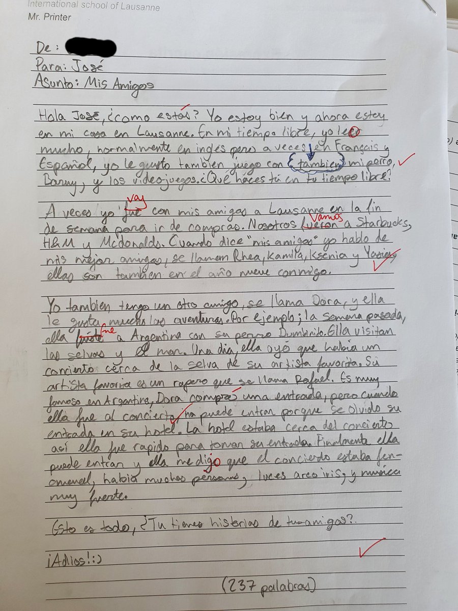 Here are three samples of what the students wrote under test conditions in 35 mins. You'll see I don't correct every error. This is deliberate as research shows it negatively impacts competence. I pick 2-3 to focus on for each learner [5/6]
