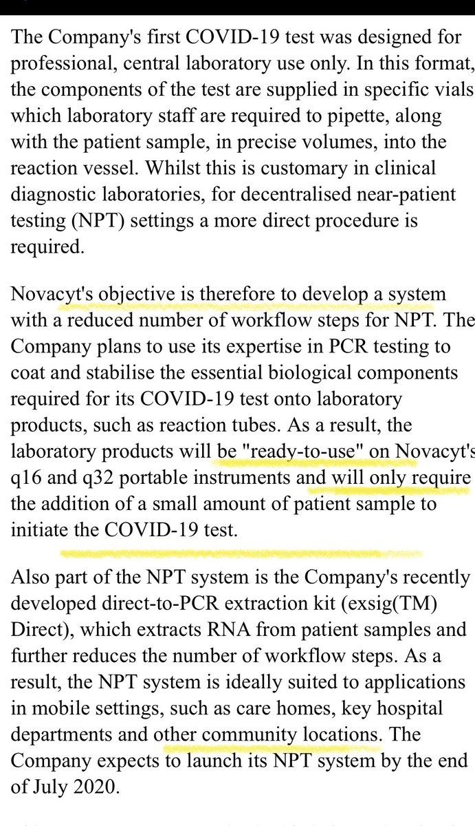  #ncyt  #novacyt  $alnov“As a result, the laboratory products will be "ready-to-use" on Novacyt's q16 and q32 portable instruments and will only require the addition of a small amount of patient sample to initiate the COVID-19 test.”   rns on 22 July 2020 Update due 