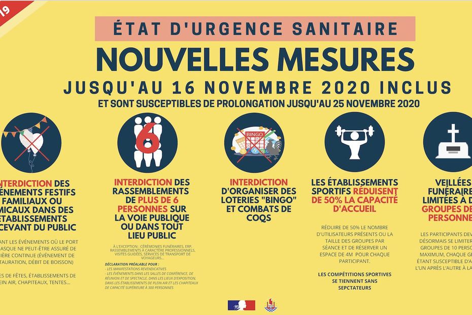 #Coronavirus : attention, de nouvelles mesures sanitaires s'appliquent en #Polynésie à compter de ce jour jusqu’au 16 novembre 2020 inclus ⚠️
➡️ Interdictions de certains rassemblements, port du masque étendu... Le point dans cet article ⤵️
https://t.co/2IzFH7DTpO https://t.co/Mxtqtp9Y3k