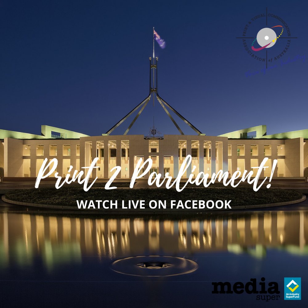 Print 2 Parliament! goes live in just half an hour. Join the virtual program here:  facebook.com/printandvisual… featuring <a href="/PaulFletcherMP/">Paul Fletcher</a>, <a href="/JEChalmers/">Jim Chalmers MP</a>, <a href="/PaulineHansonOz/">Pauline Hanson 🇦🇺</a>, Andrew Macaulay, Walter Kuhn, Kieran May and Jacobena Mills. #IPD20