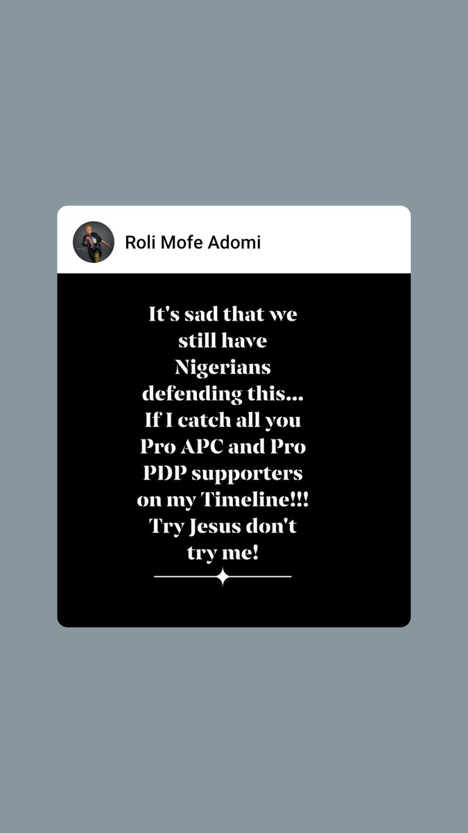 Roli_Music's tweet photo. It's sad that we still have Nigerians defending this...
If I catch all you Pro APC and Pro PDP supporters on my Timeline!!!
Try Jesus don't try me! https://t.co/AvJNGpNJ0K