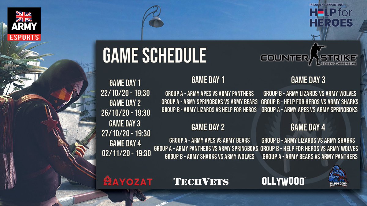 Sappersgg's tweet photo. Here are the dates for the heroes cup to raise money for @HelpforHeroes. First games are today at 1930 come join us for some League of legends.
#helpforheroes #ayozat #techvets #ollywood #sappers https://t.co/oZp72tloSl