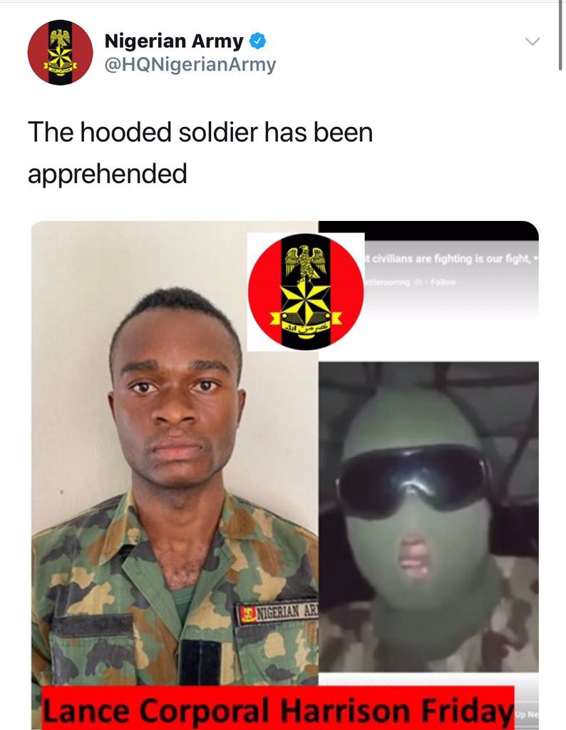THIS IS HARRISON FRIDAY, HE MADE A VIDEO BEGGING HIS FELLOW ARMY NOT TO SHOOT INNOCENT CIVILIANS SENT TO LEKKI MASSACRE. THE NIGERIA ARMY HAS FRAMED HIM FOR CYBERCRIME LET THE WORLD KNOW.
#EndSARS #EndBadGoveranceInNigeria
#basedonwhat
#EndPoliceBrutalityinNigeraNOW
#Genocide https://t.co/T7vo8NVgbV