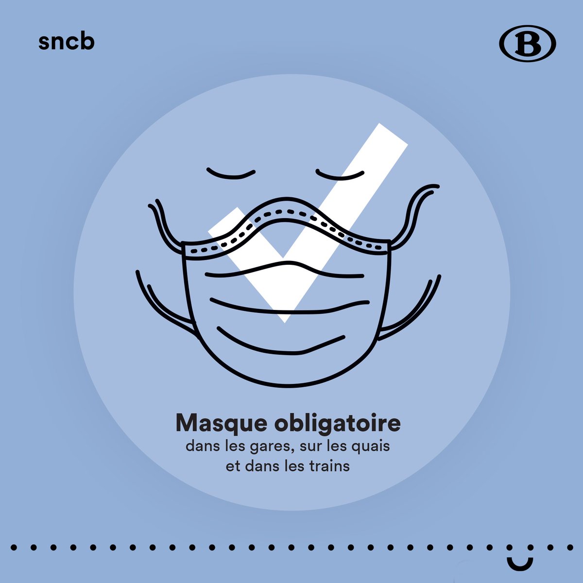 SNCB's tweet image. Les accompagnateurs de trains et l’ensemble du personnel de gare remercient tous les voyageurs qui respectent le port du masque dans les gares, sur les quais et dans les trains. Aujourd’hui et encore plus qu’hier, continuons à nous protéger les uns et les autres. #MoveSafe #SNCB