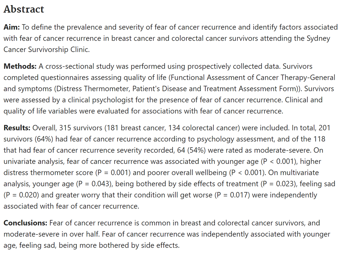 Fear of cancer recurrence (FCR) is an underappreciated problem affecting quality of life of cancer survivors. <a href="/sharonnahm/">Sharon Nahm</a> <a href="/drprunellab/">Prunella Blinman</a> <a href="/VardyJanette/">Janette Vardy</a> identify factors on QoL screening tools that may identify those at high risk. doi.org/10.1111/ajco.1…