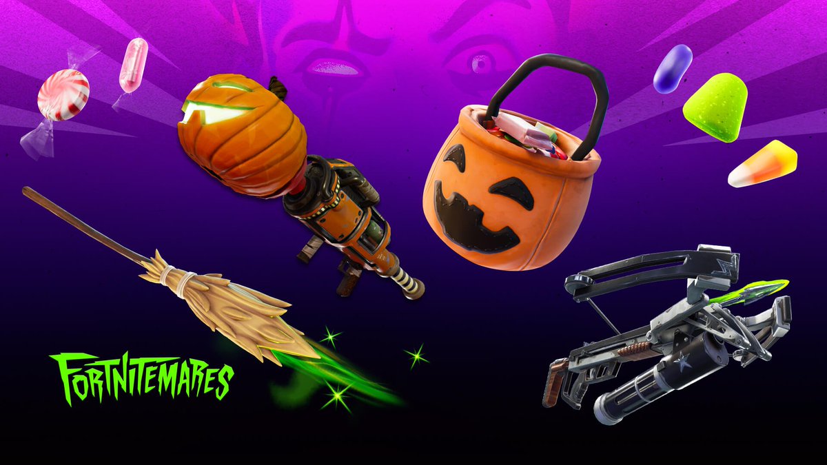 FireMonkey's tweet photo. From the realm of Shadows comes more than just the regenerated. As you roam the Island, pick up the Pumpkin Rocket Launcher, fight foes with the Fiend Hunter Crossbow, ride on a Witch Broom, and employ a new invention by Midas. https://t.co/dMl2lr0y5i