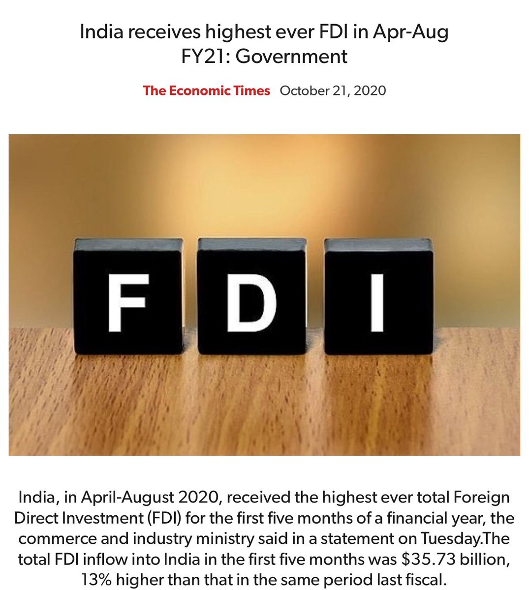 India receives highest ever FDI in Apr-Aug FY21: Government economictimes.indiatimes.com/news/economy/f… via NaMo App