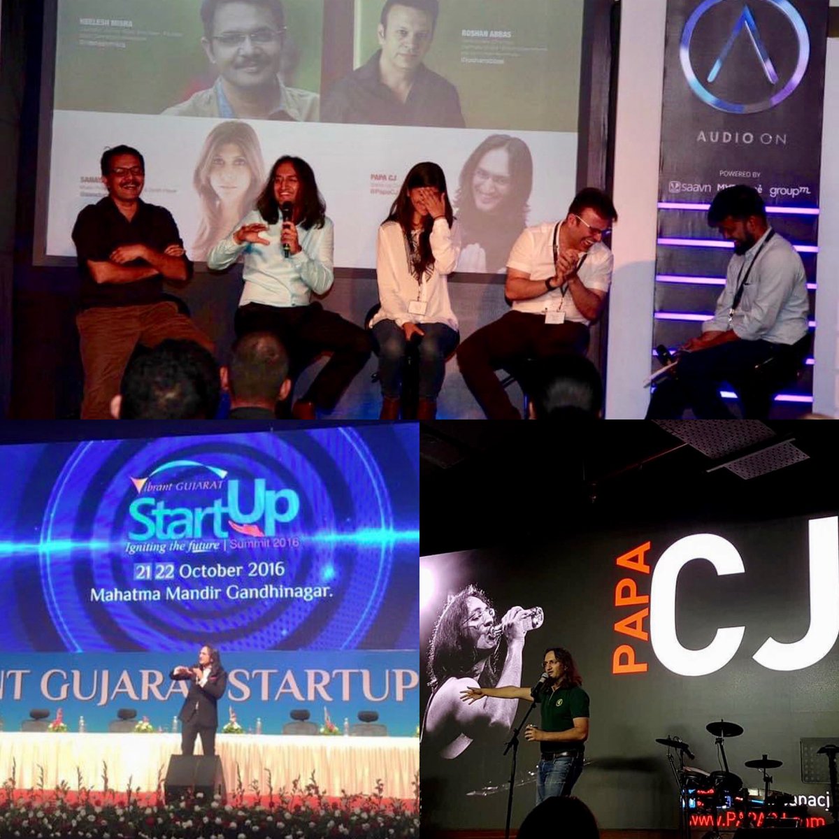 PapaCJ's tweet photo. Memories of 21st October from 2015, 2016 and 2018 in Mumbai, Ahmedabad and Dubai respectively at the @JioSaavn Audio On Summit, @VibrantGujarat Startup Summit and @ComicOnNights. 

I so miss live audiences! https://t.co/ftMZuvWDvX
