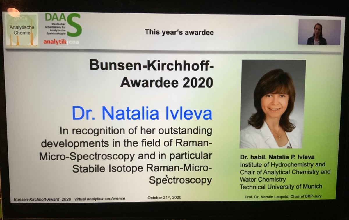 EngelhrC's tweet image. Many congratulations from all AK DAAS members ⁦@GDCh_aktuell⁩ to Dr. Natalia Ivleva #tumunich on receiving the 2020 Bunsen-Kirchhoff Award ⁦@analyticaFair⁩ #analytica2020.