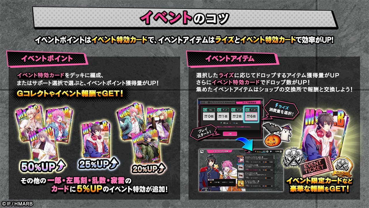 ゲーム ヒプノシスマイク A R B イベントのコツ イベント特効カードを使用すると イベントpt の獲得量がup 特効つきのカードは画像で確認 Killer Scratch するときにライズを使うと イベントアイテム の獲得量がup イベントアイテム
