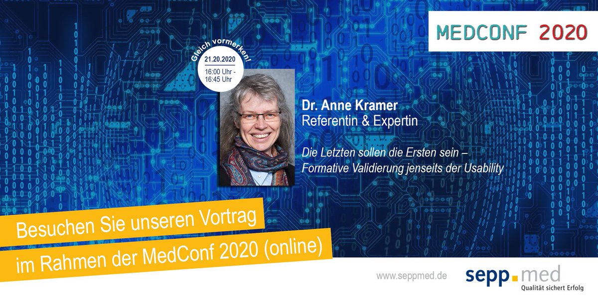 seppmedgmbh's tweet image. HEUTE Online-Vortrag Dr. Anne Kramer auf der @MedConfMUC!
Abstract zum Vortrag: bit.ly/37m5v6y 
#Medizintechnik #Validierung #Qualitätssicherung #KI #ChangeRequest