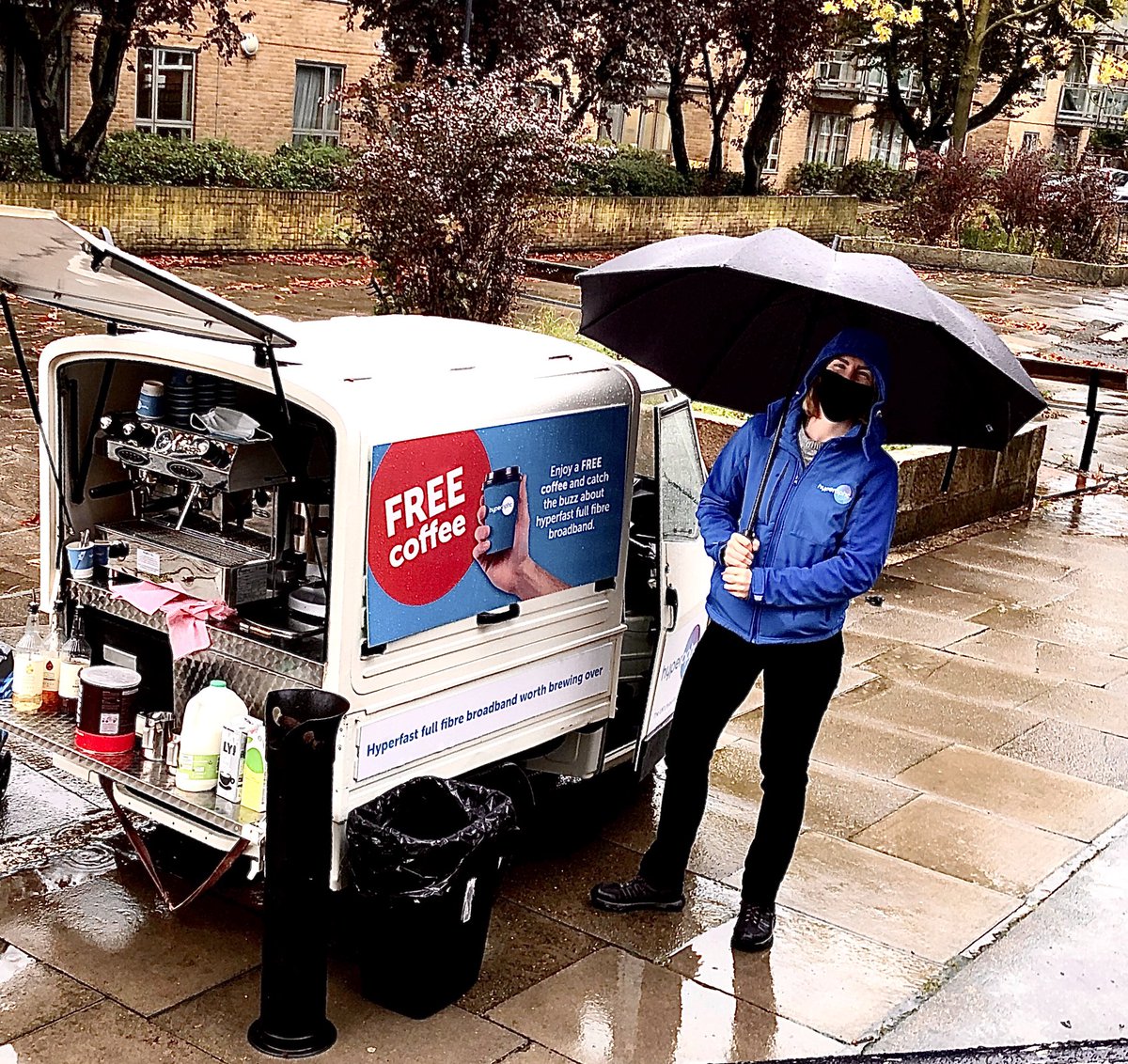 It’s cold and wet but the #coffee is hot and delicious .. the @hyperoptic_uk roadshow continues in Stonebridge Park NW10 today. Meet the team and find out about #hyperfastbroadband 
.
.
#promo 
#coffeeforevents 
#mobilecoffeevan
#baristacoffee
#brandedcoffeevan 
#brandactivation