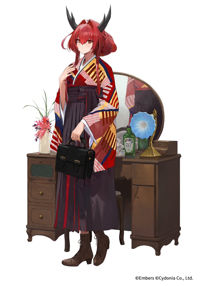 1girl solo red hair boots horns white background japanese clothes  illustration images