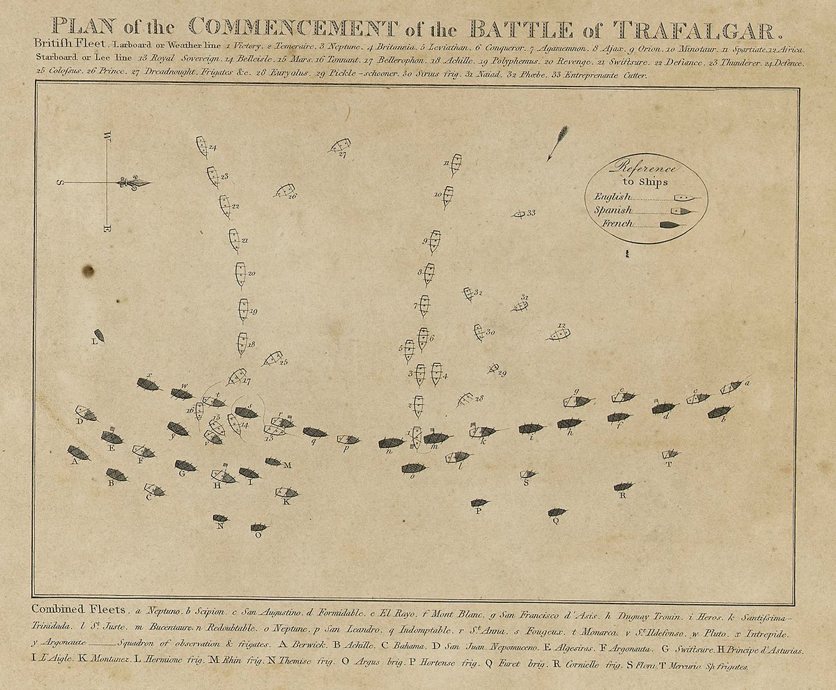  #TrafalgarDay Nelson’s fleet is in commanding position to attack. At dawn, they’re 34km north-west of Cape Trafalgar, with the French and Spanish fleet between them  