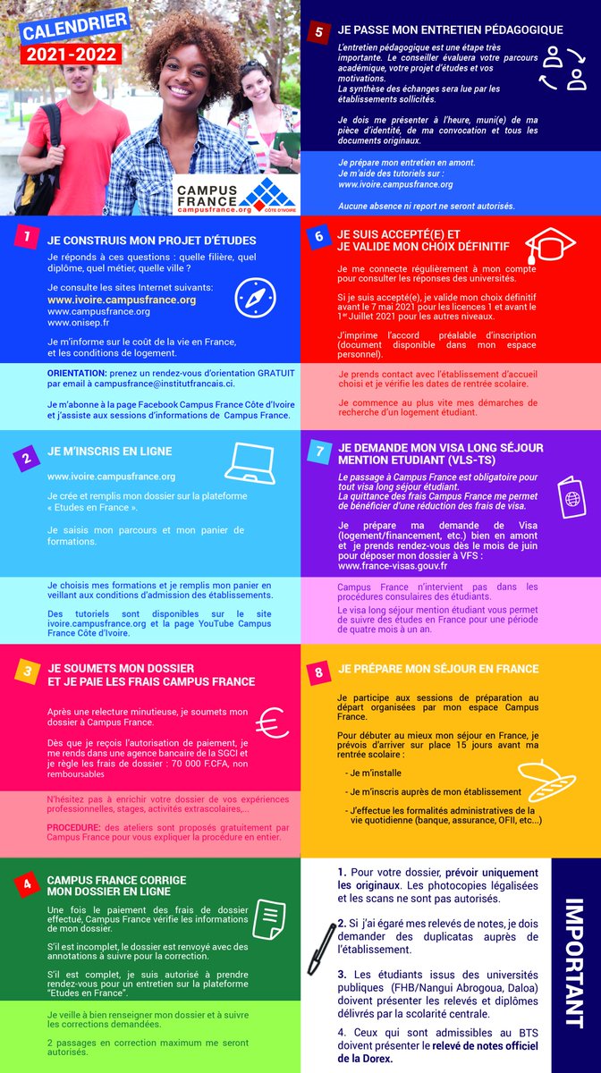J-13 avant le lancement de la campagne #CampusFranceCotedIvoire pour la rentrée de Septembre 2021.
Vous pouvez consulter le calendrier des procédures en ligne.
👉ivoire.campusfrance.org

#RestezConnectés