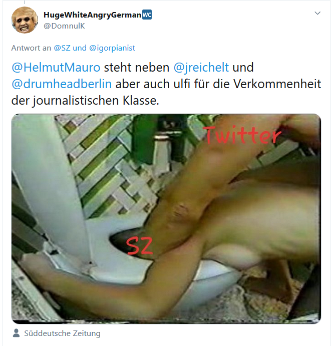 _donalphonso's tweet photo. Die sog. Guten: Der Herr ist grün, befürwortet Black Lives Matter, ist gegen Autoverkehr - und argumentiert mit einem Bild, in dem jemand eine Frau in die Toilette tritt, mit der Aufschrift "SZ" und "Twitter". Grün, liebe Leser. Das ist ein Grüner. https://t.co/w0exHHufaA