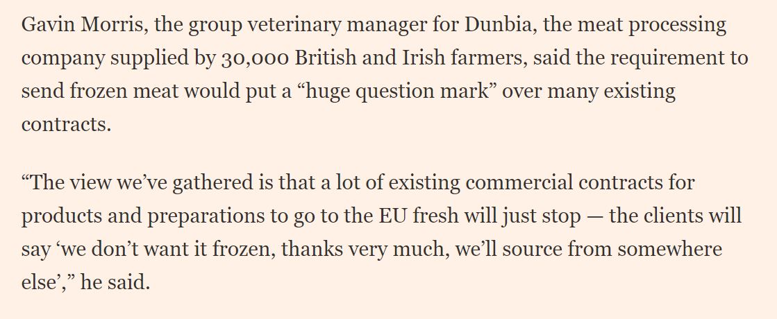 So as Gavin Morris of  @DunbiaGroup meat processors group says, the expectation in UK industry is that a lot of EU clients will just shop elsewhere..."The clients will say ‘we don’t want it frozen, thanks very much, we’ll source from somewhere else’." /4