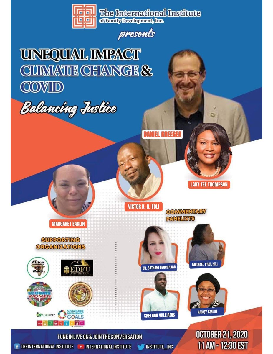 Today @ 11am (eastern): Join <a href="/institute_inc/">The International Institute of Family Development</a> for an important discussion on #climatechange, #equity &amp; #COVID.

YOUTUBE youtu.be/JMeH5Go6Zbw

FACEBOOK : facebook.com/21418022585905…

#UnEqualImpact

Thanks to <a href="/VeolaGreen/">Veola Green</a> for organizing.