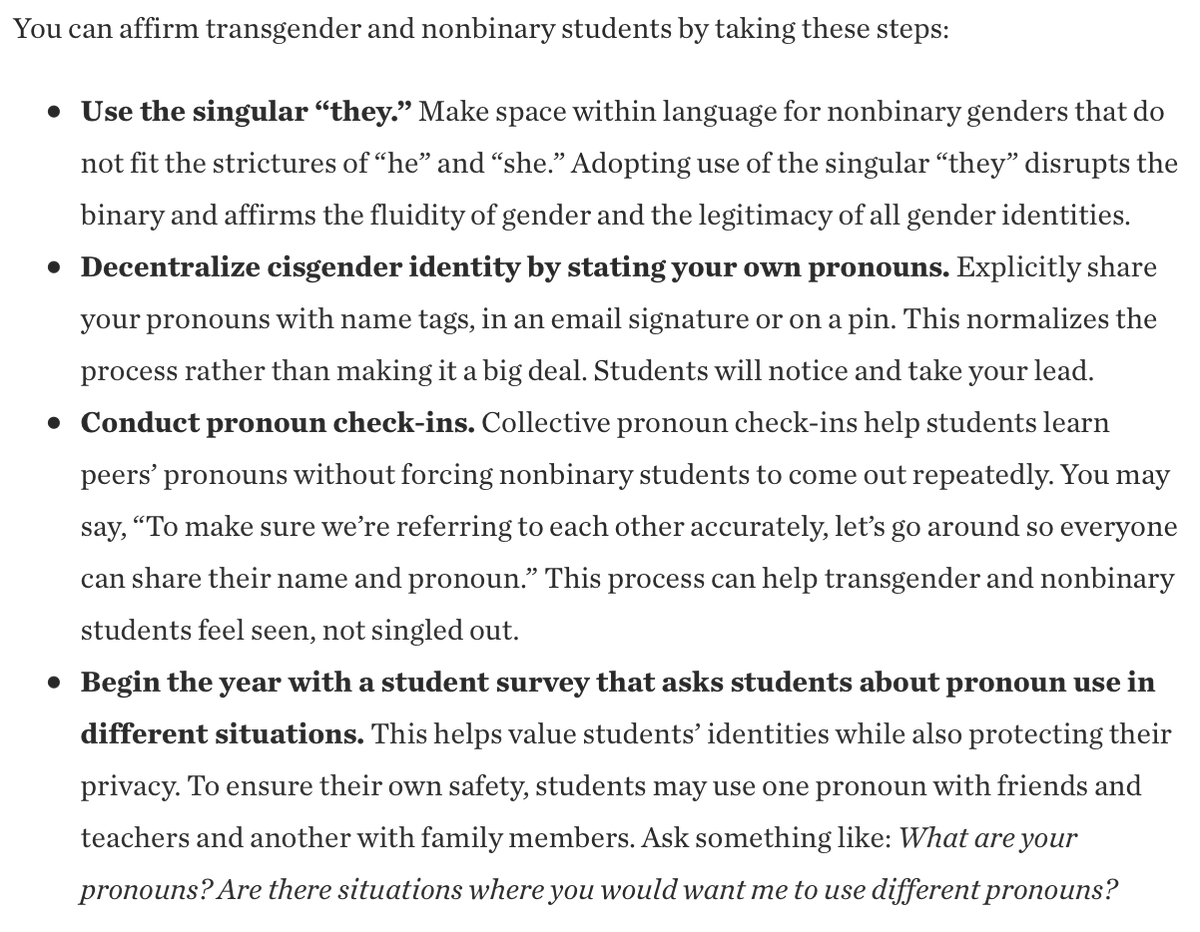Today is International Pronouns Day. Educators can play a critical role in modeling inclusive pronoun use and affirming trans* and nonbinary students. Here are some key first steps.

Find this and more in our guide for supporting LGBTQ students: tolerance.org/magazine/publi…