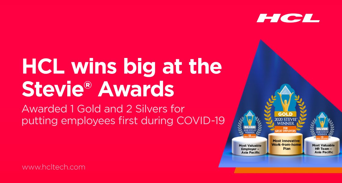 HCL_AeroDef's tweet photo. We are honored to win in 3 categories at @TheStevieAwards
for Great Employers 2020. The awards recognize our resilient and inspiring response during these tough times while acknowledging our constant endeavor to support our employees, client partners, and communities. #OneHCL https://t.co/622veU14TZ