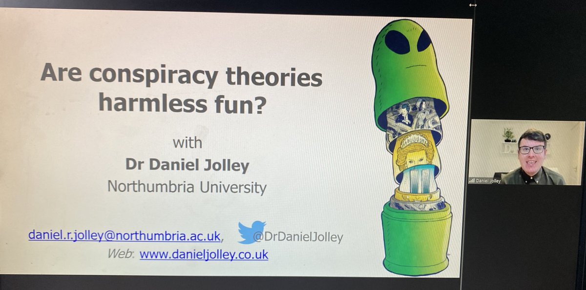 DrDanielJolley's tweet photo. I had a great time talking conspiracy theories to @Oxford_Brookes Psychology. Thanks for the invite @SarahHennelly and @I_am_emma (and the print screen). Always a pleasure.

Thanks also for the super feedback @GeorgiaC_sleep!! https://t.co/MSBtHOcp17