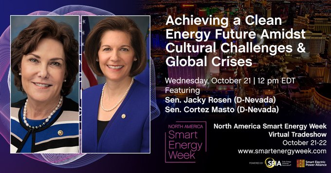 SEIA's tweet image. Today, join @SenJackyRosen, @SenCortezMasto, Rose Mckinney-James, @HopperAbby &amp;amp; @JuliaHamm for a panel discussion on achieving a clean energy future amidst a cultural &amp;amp; global crisis.

RSVP now to participate in the #NASEW20 general session today at noon: solarpowerinternational.com/general-sessio…